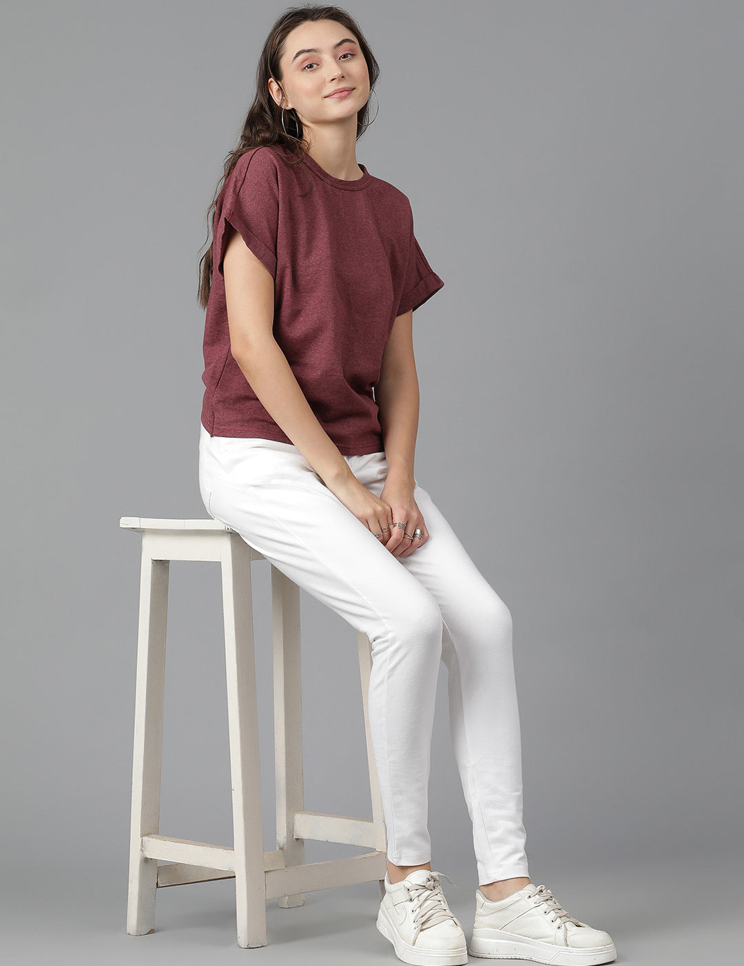 KOTTY Self Design Women Round Neck Maroon T-Shirt 