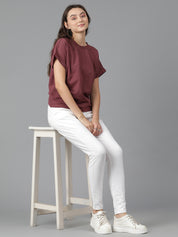 KOTTY Self Design Women Round Neck Maroon T-Shirt 