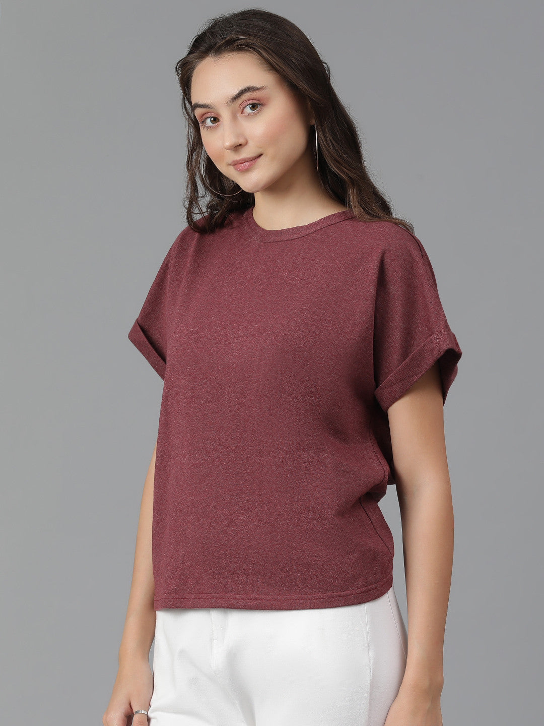 KOTTY Self Design Women Round Neck Maroon T-Shirt 