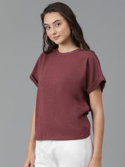 KOTTY Self Design Women Round Neck Maroon T-Shirt 