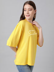 KOTTY Women's Printed, Typography Round Neck Cotton Blend 3/4 Sleeve T-Shirt