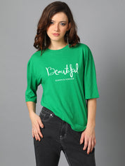 KOTTY Women's Printed, Typography Round Neck Cotton Blend 3/4 Sleeve T-Shirt