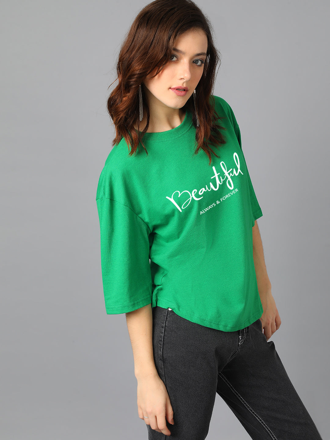 KOTTY Women's Printed, Typography Round Neck Cotton Blend 3/4 Sleeve T-Shirt