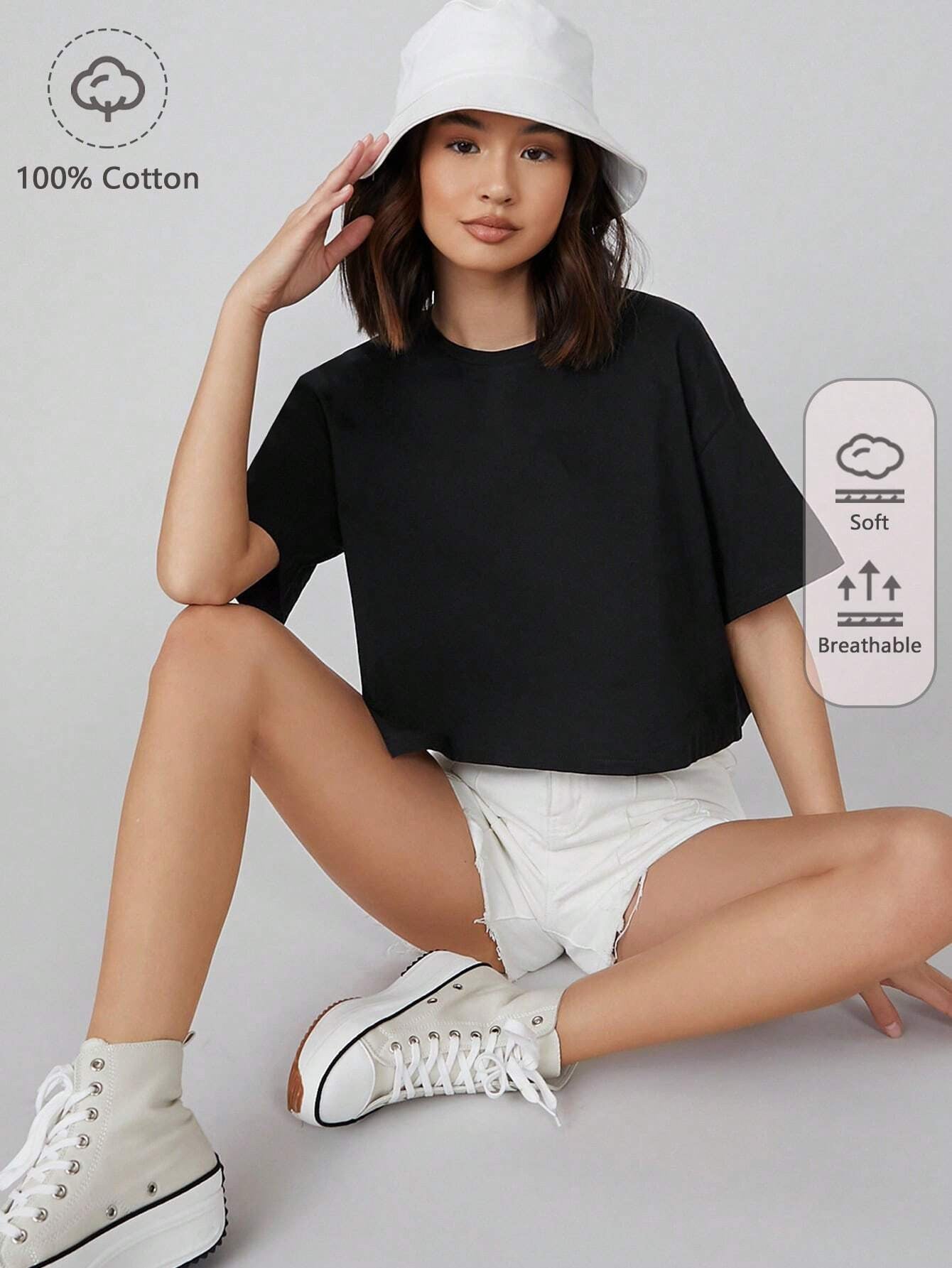 KOTTY Solid Women Round Neck Black T-Shirt 