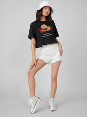 KOTTY Printed Women Round Neck Black T-Shirt 
