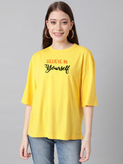 KOTTY Printed Women Round Neck Yellow T-Shirt 