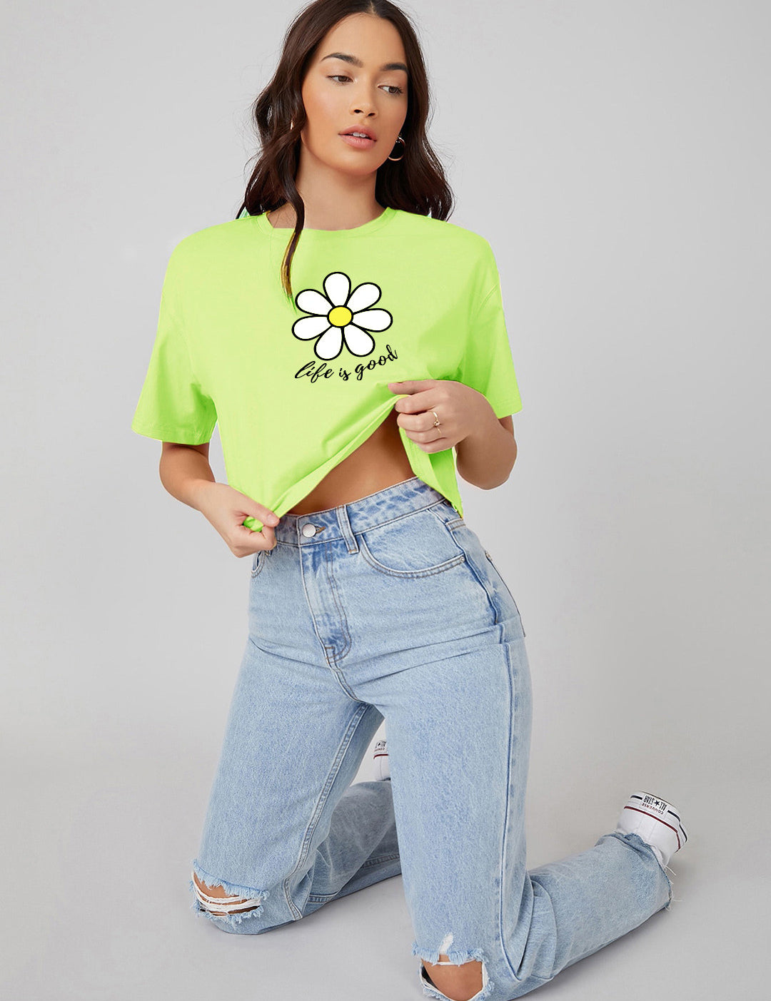 KOTTY Printed Women Round Neck Light Green T-Shirt 