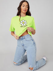 KOTTY Printed Women Round Neck Light Green T-Shirt 