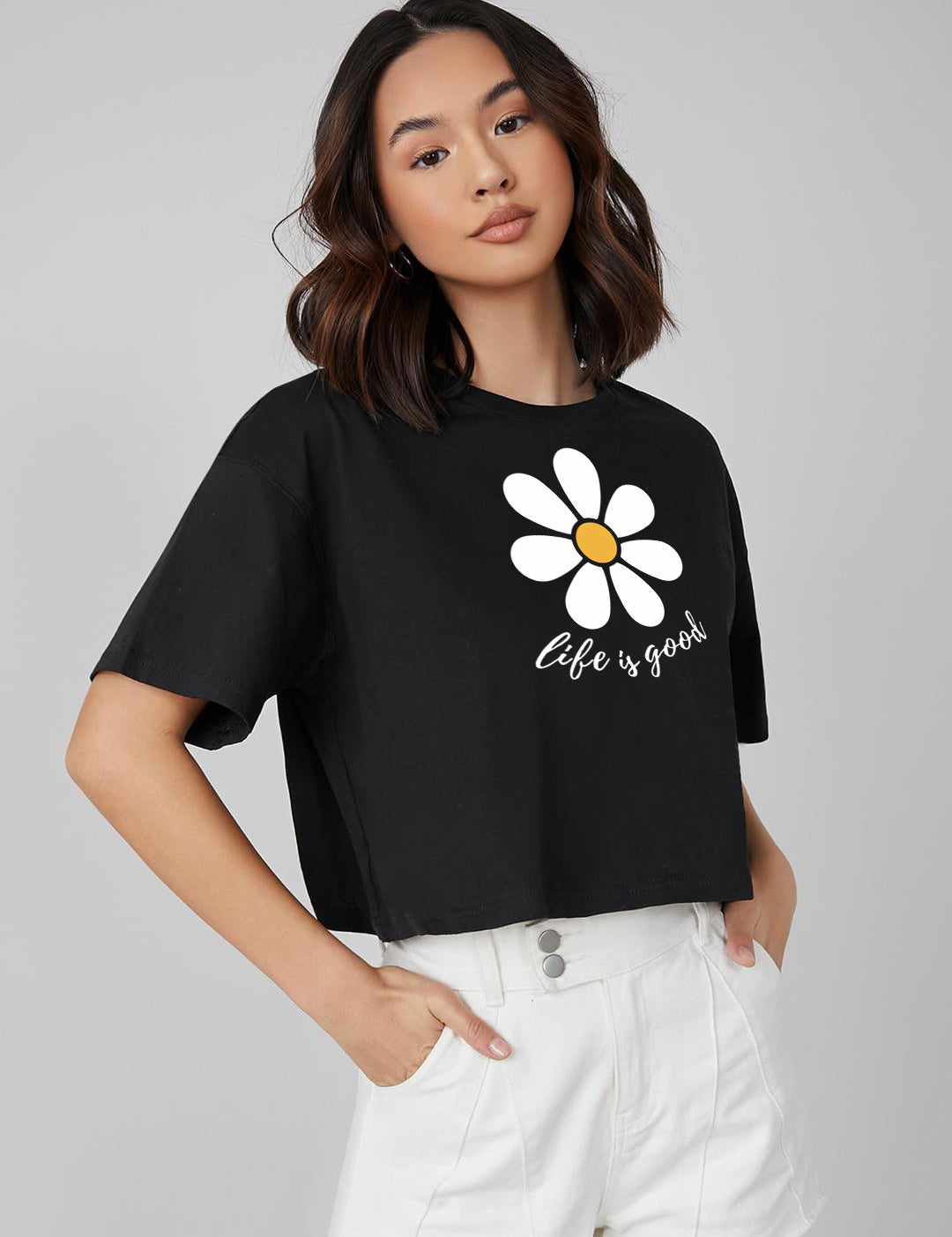 KOTTY Printed Women Round Neck Black T-Shirt 