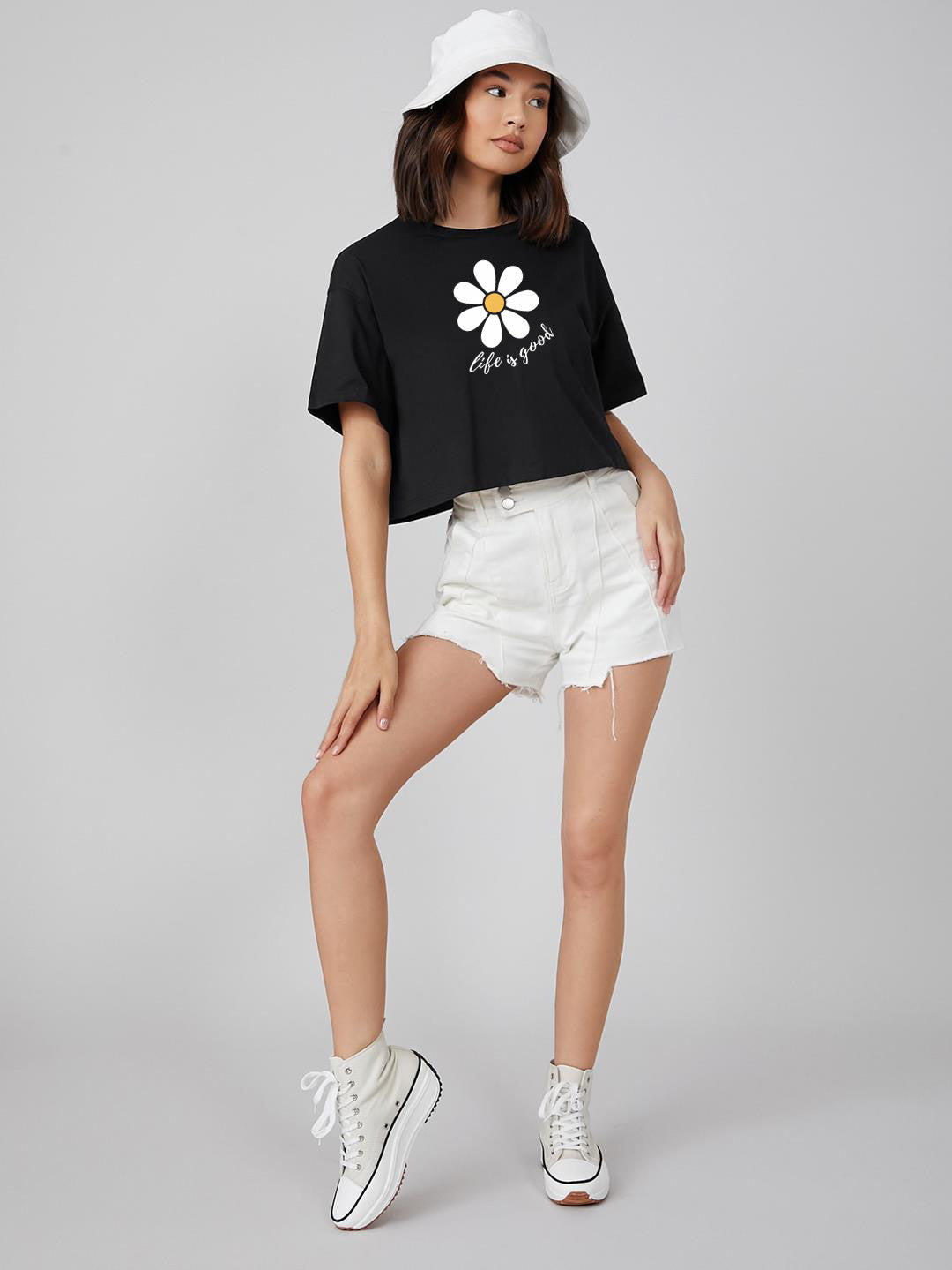 KOTTY Printed Women Round Neck Black T-Shirt 