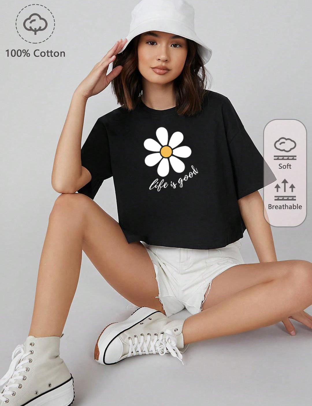 KOTTY Printed Women Round Neck Black T-Shirt 