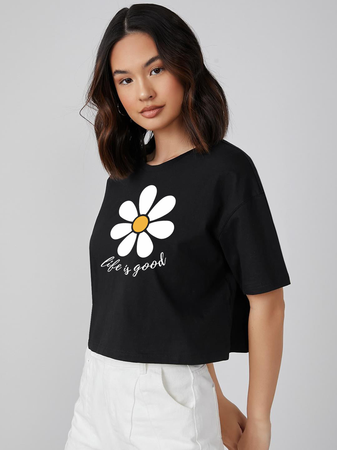 KOTTY Printed Women Round Neck Black T-Shirt 