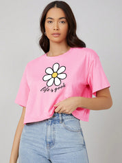 KOTTY Printed Women Round Neck Pink T-Shirt 