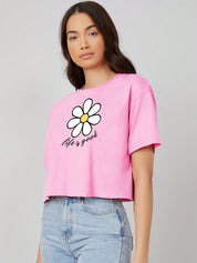 KOTTY Printed Women Round Neck Pink T-Shirt 