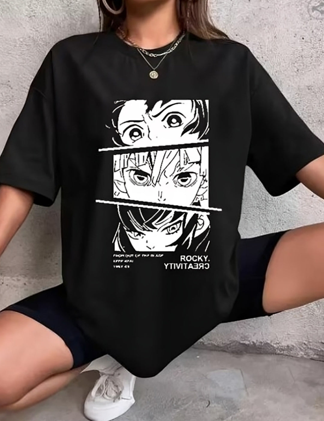 KOTTY Printed Women Round Neck Black T-Shirt 