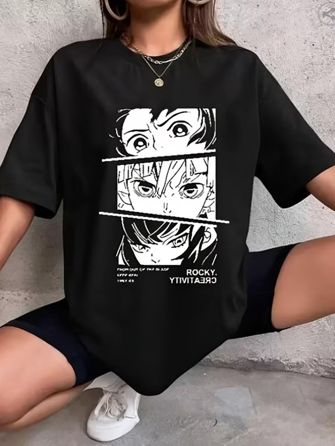 KOTTY Printed Women Round Neck Black T-Shirt 