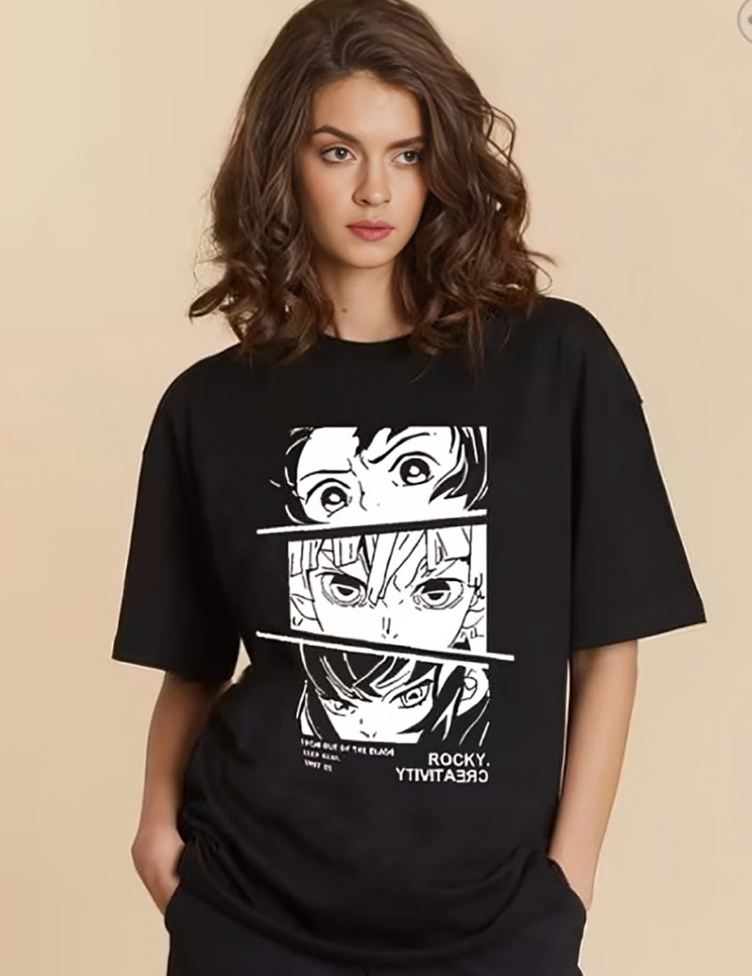 KOTTY Printed Women Round Neck Black T-Shirt 