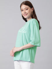 KOTTY Printed Women Round Neck Green T-Shirt 