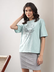 KOTTY Printed Women Round Neck Blue T-Shirt 