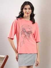 KOTTY Printed Women Round Neck Pink T-Shirt 