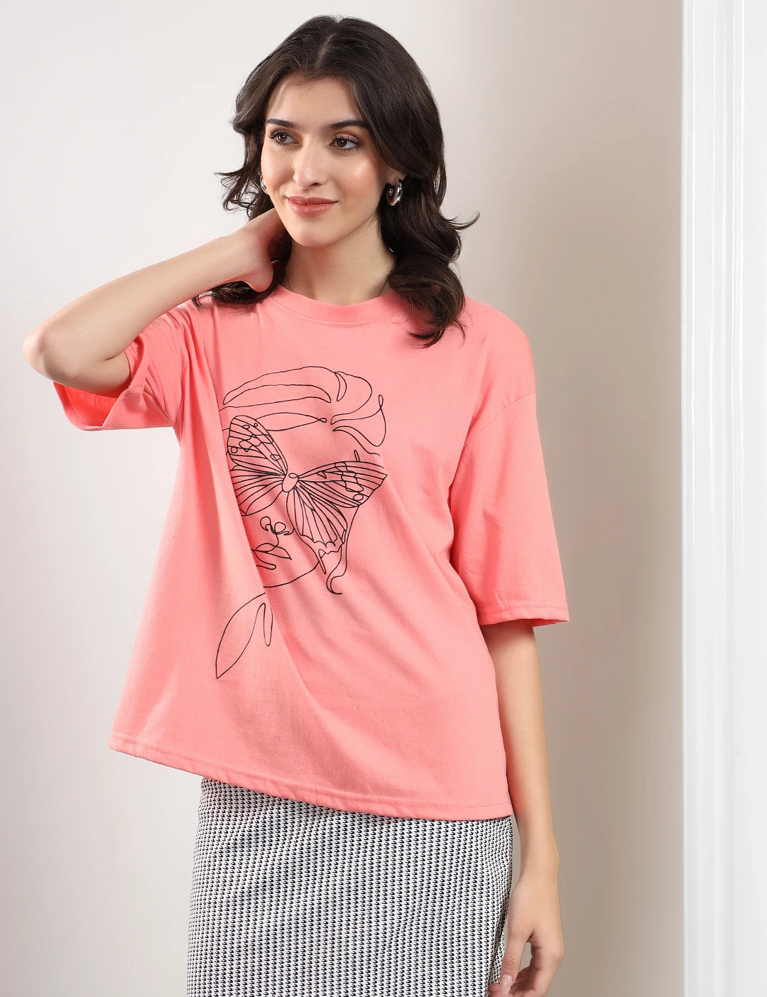 KOTTY Printed Women Round Neck Pink T-Shirt 