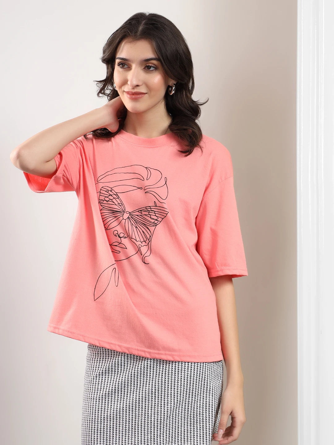 KOTTY Printed Women Round Neck Pink T-Shirt 