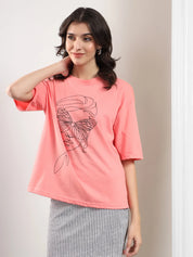 KOTTY Printed Women Round Neck Pink T-Shirt 