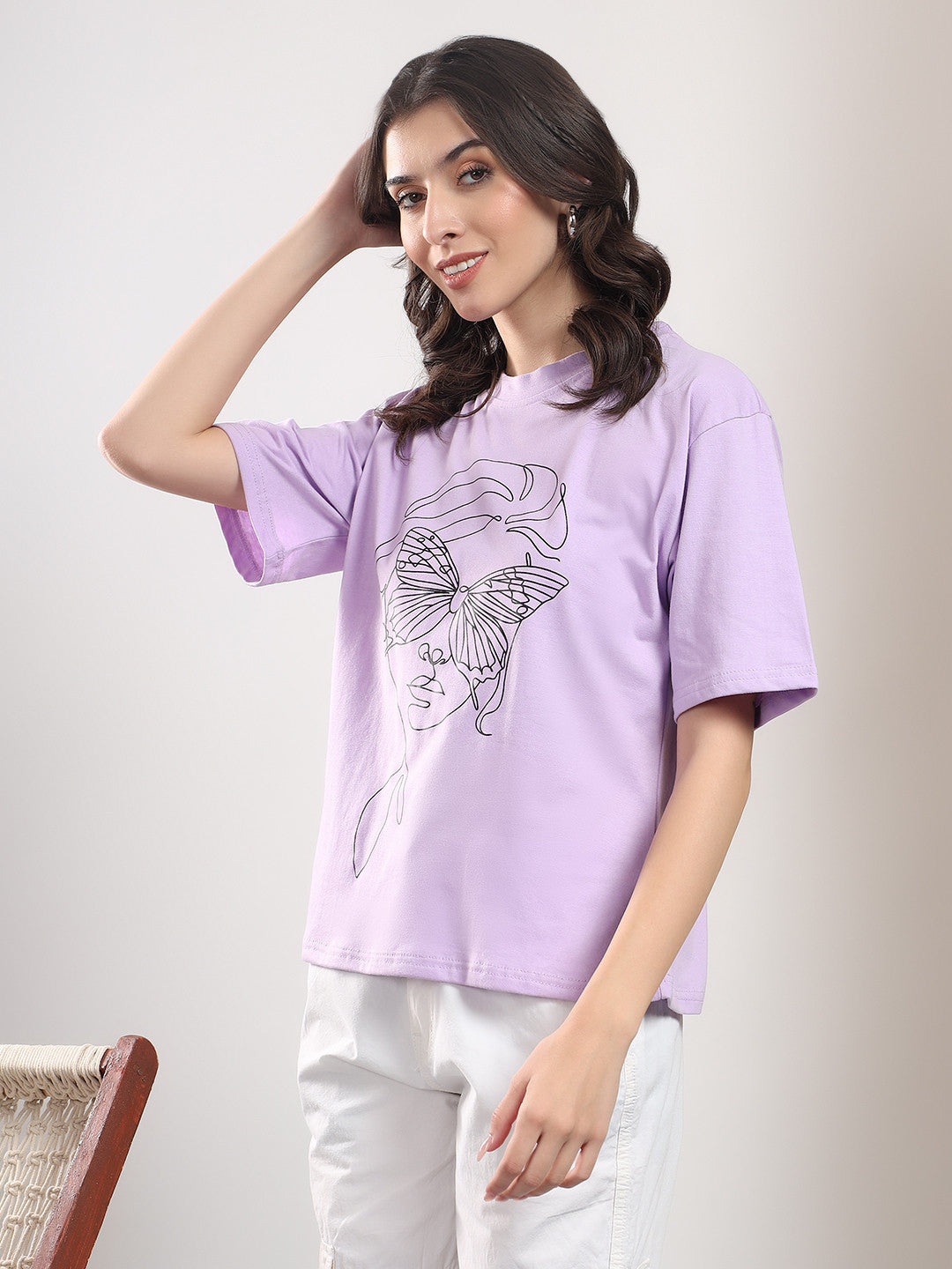 KOTTY Printed Women Round Neck Purple T-Shirt 