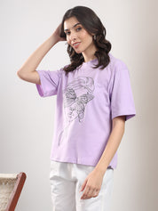 KOTTY Printed Women Round Neck Purple T-Shirt 