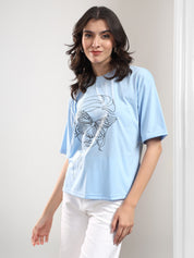 KOTTY Printed Women Round Neck Blue T-Shirt 