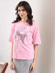 KOTTY Printed Women Round Neck Pink T-Shirt 