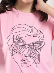 KOTTY Printed Women Round Neck Pink T-Shirt 