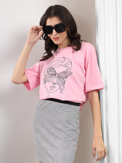KOTTY Printed Women Round Neck Pink T-Shirt 
