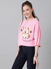 KOTTY Printed Women Round Neck Pink T-Shirt 