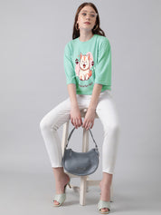 KOTTY Printed Women Round Neck Green T-Shirt 
