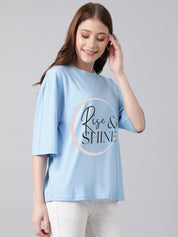 KOTTY Printed Women Round Neck Blue T-Shirt 