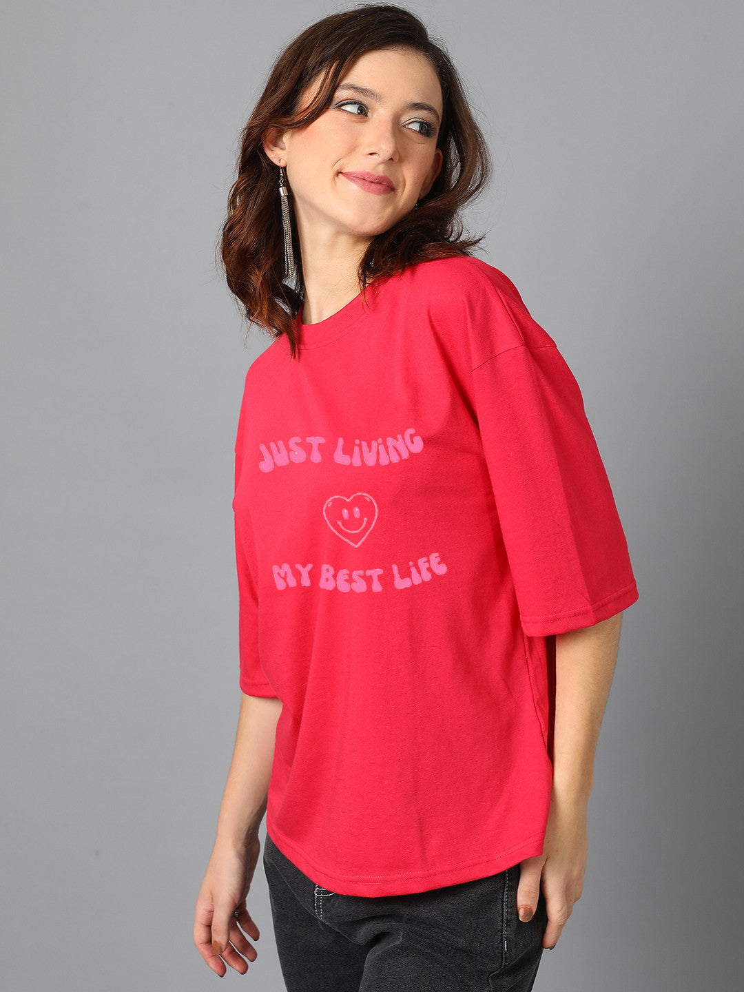 KOTTY Typography Women Round Neck Red T-Shirt 