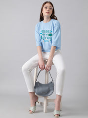 KOTTY Typography Women Round Neck Blue T-Shirt 