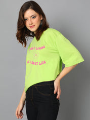 KOTTY Printed Women Round Neck Green T-Shirt 