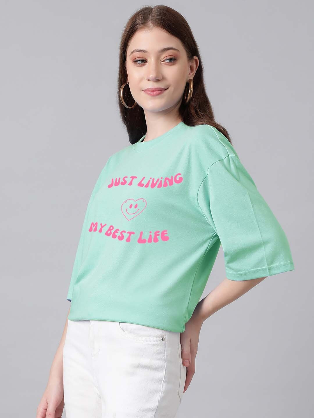 KOTTY Typography Women Round Neck Green T-Shirt 
