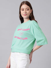 KOTTY Typography Women Round Neck Green T-Shirt 