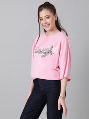 KOTTY Printed Women Round Neck Pink T-Shirt 