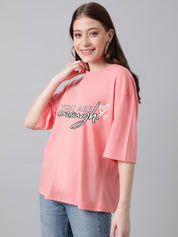 KOTTY Printed Women Round Neck Pink T-Shirt 