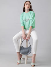 KOTTY Printed Women Round Neck Green T-Shirt 