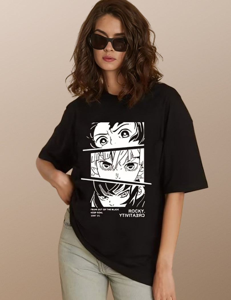 KOTTY Printed Women Round Neck Black T-Shirt 