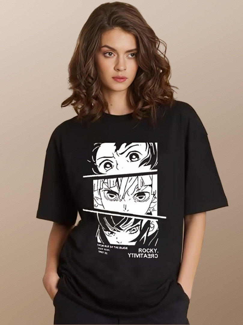 KOTTY Printed Women Round Neck Black T-Shirt 