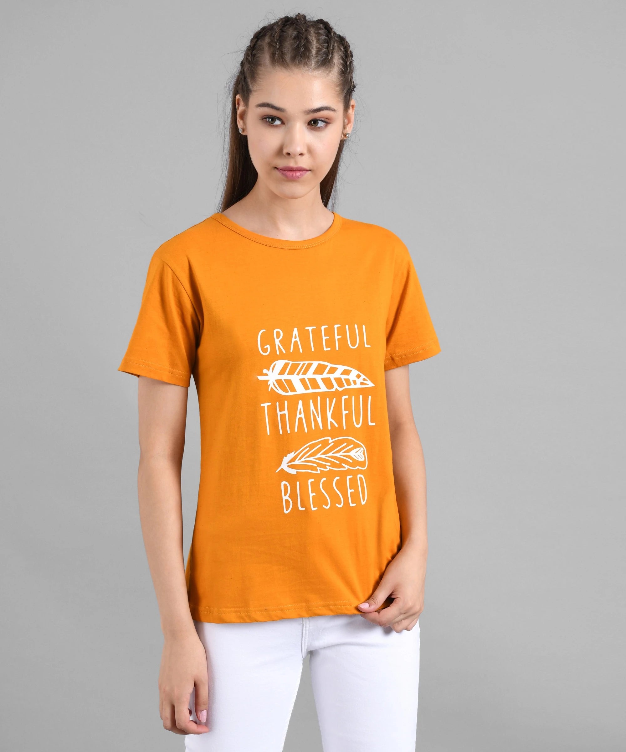 KOTTY LightOrange Color-Block Cotton Women T-Shirt