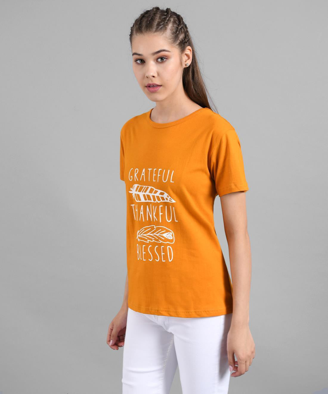 KOTTY LightOrange Color-Block Cotton Women T-Shirt