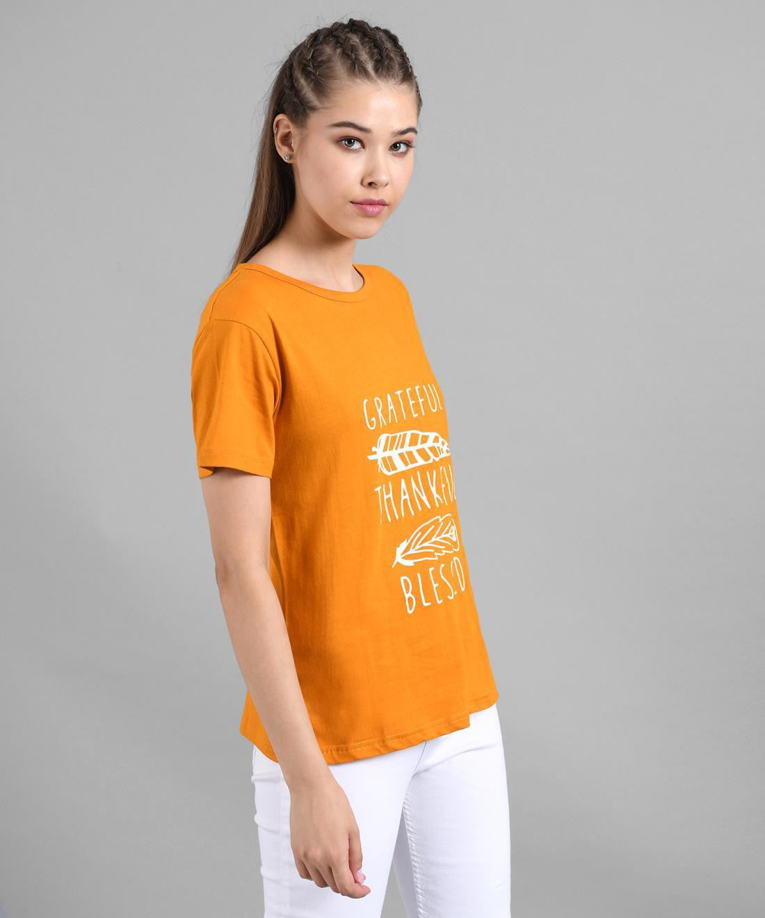 KOTTY LightOrange Color-Block Cotton Women T-Shirt