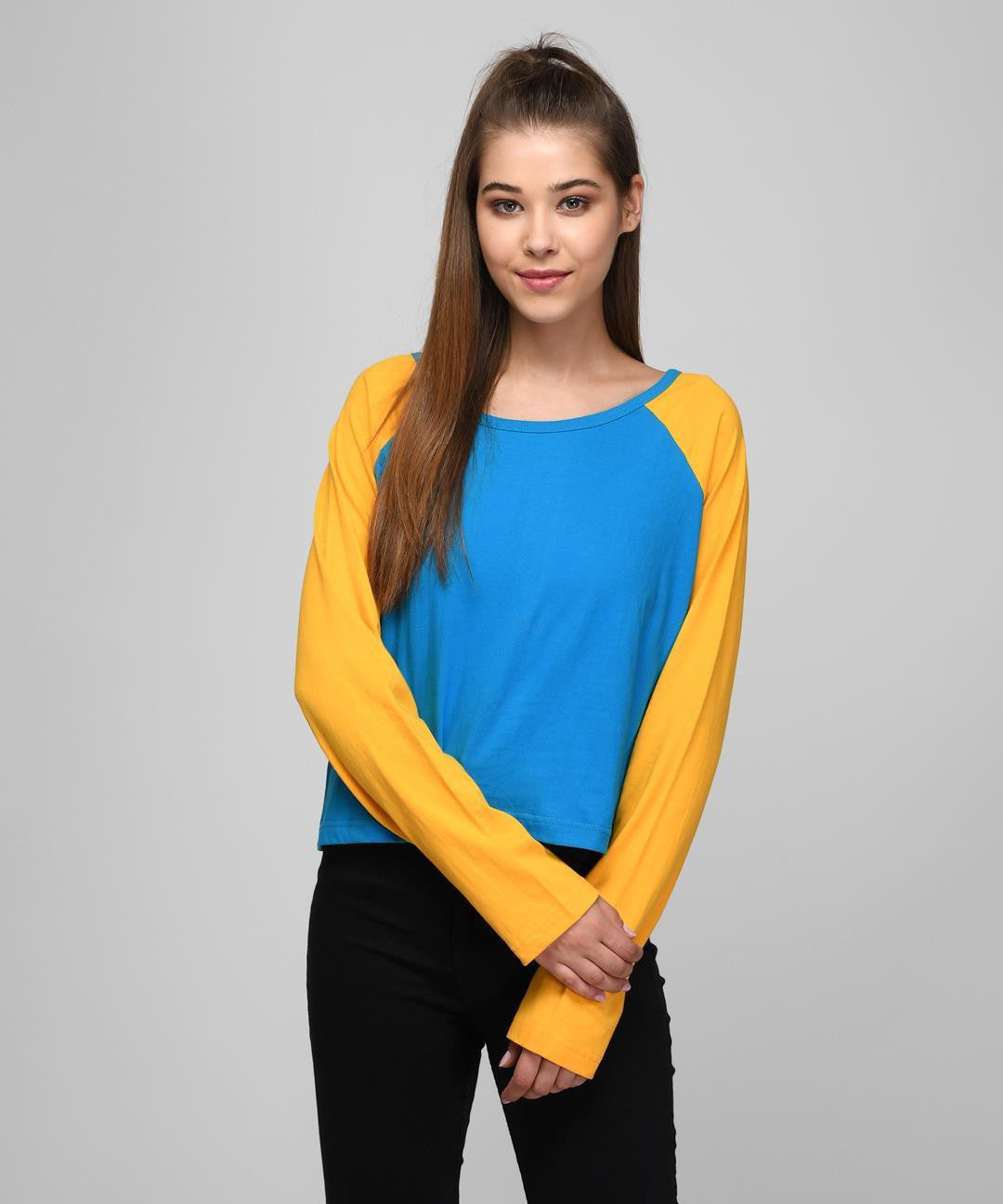 KOTTY Colorblock Women Round Neck Blue, Yellow T-Shirt 
